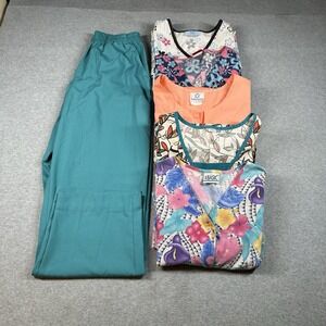 Floral Medical Scrub Set Women's Large Teal Pants & Orange & Teal Prints Tops